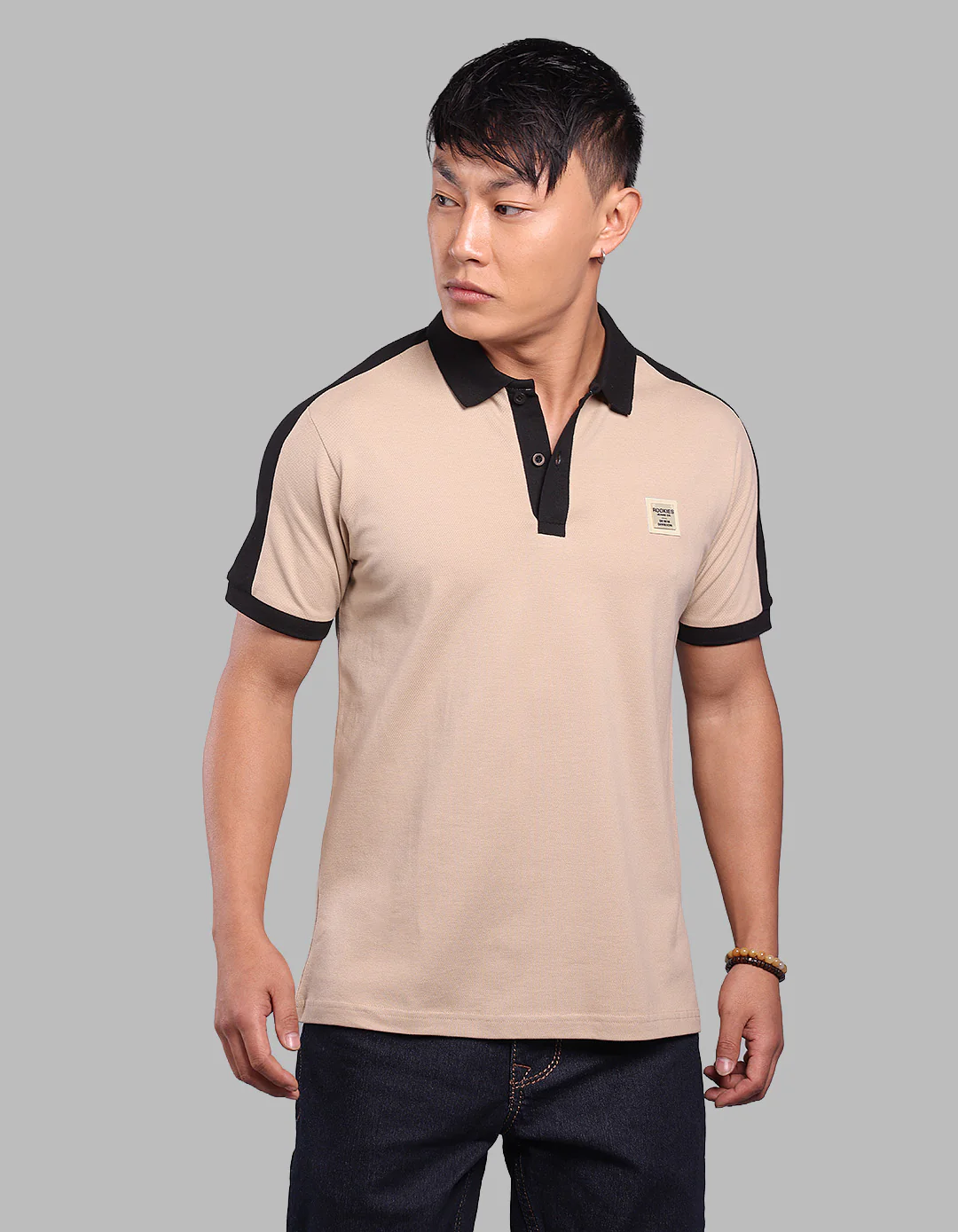 Light Khaki Black Half Sleeve Pique Polo Tee