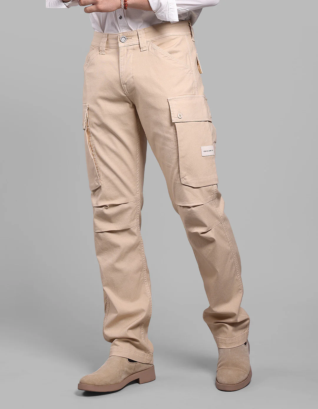 Light Khaki Comfort Straight Fit Stretch Cargo Pants - Image 3