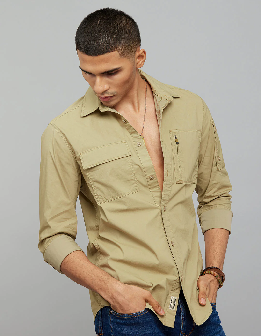 Light Khaki Full Sleeves Cargo Shirt - Image 3