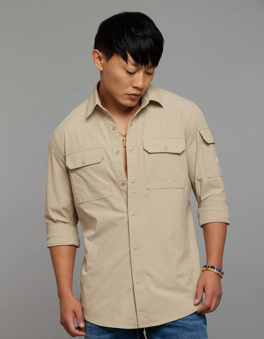 Light Khaki Full Sleeves Cargo Shirt