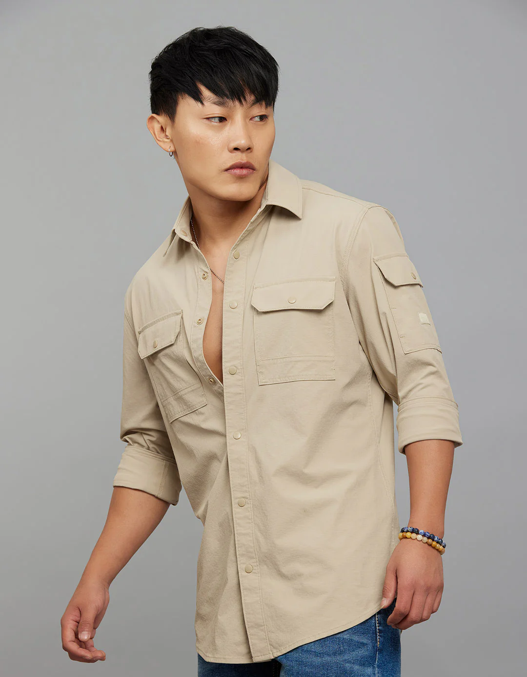 Light Khaki Full Sleeves Cargo Shirt - Image 3