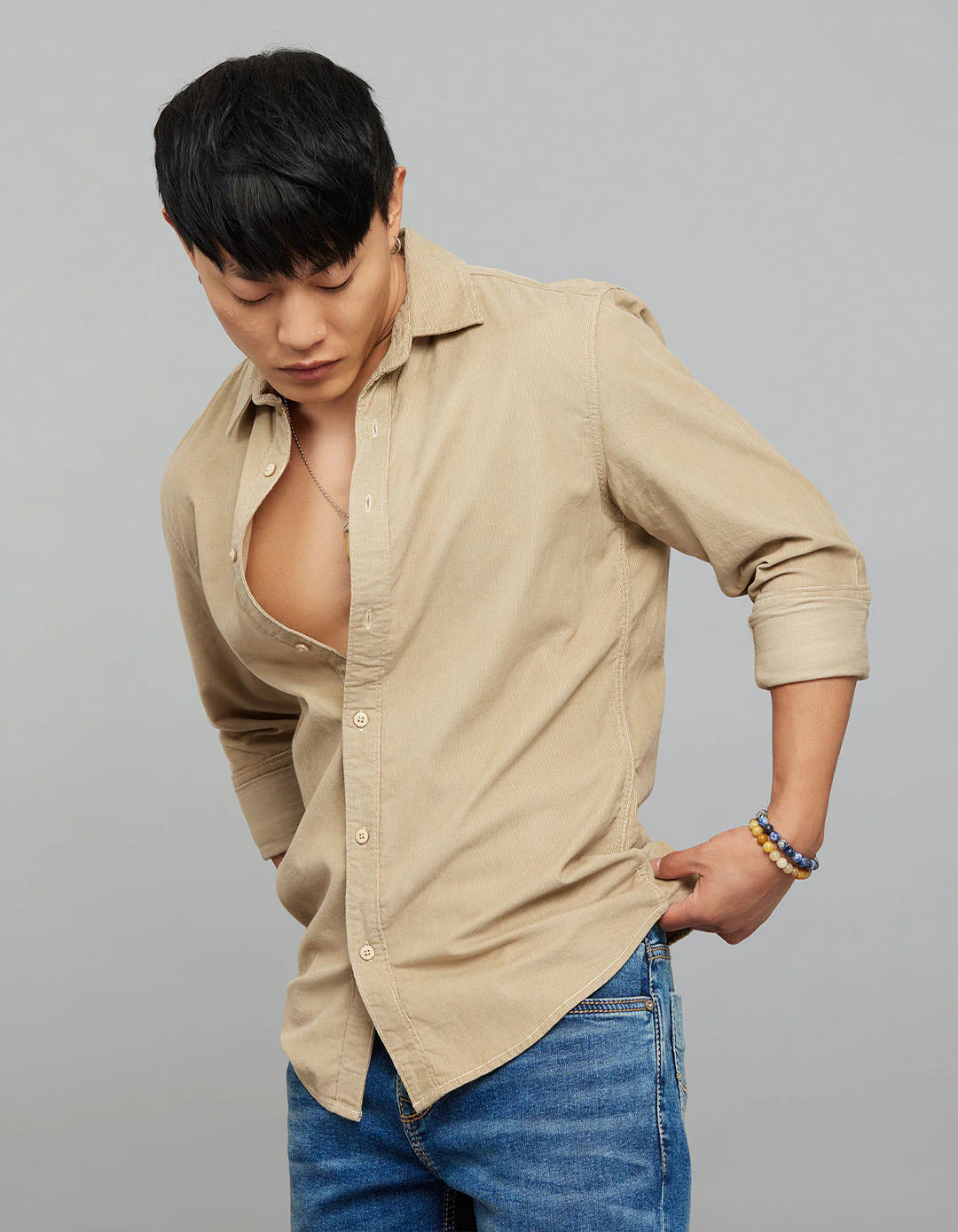 Light Khaki 100% Cotton Full Sleeves Corduroy Shirt - Image 3