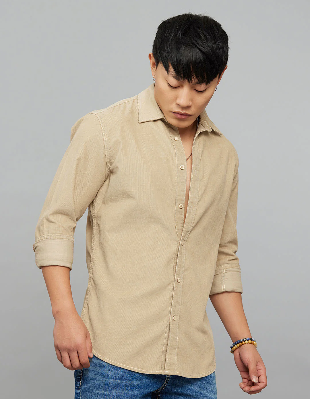 Light Khaki 100% Cotton Full Sleeves Corduroy Shirt - Image 4