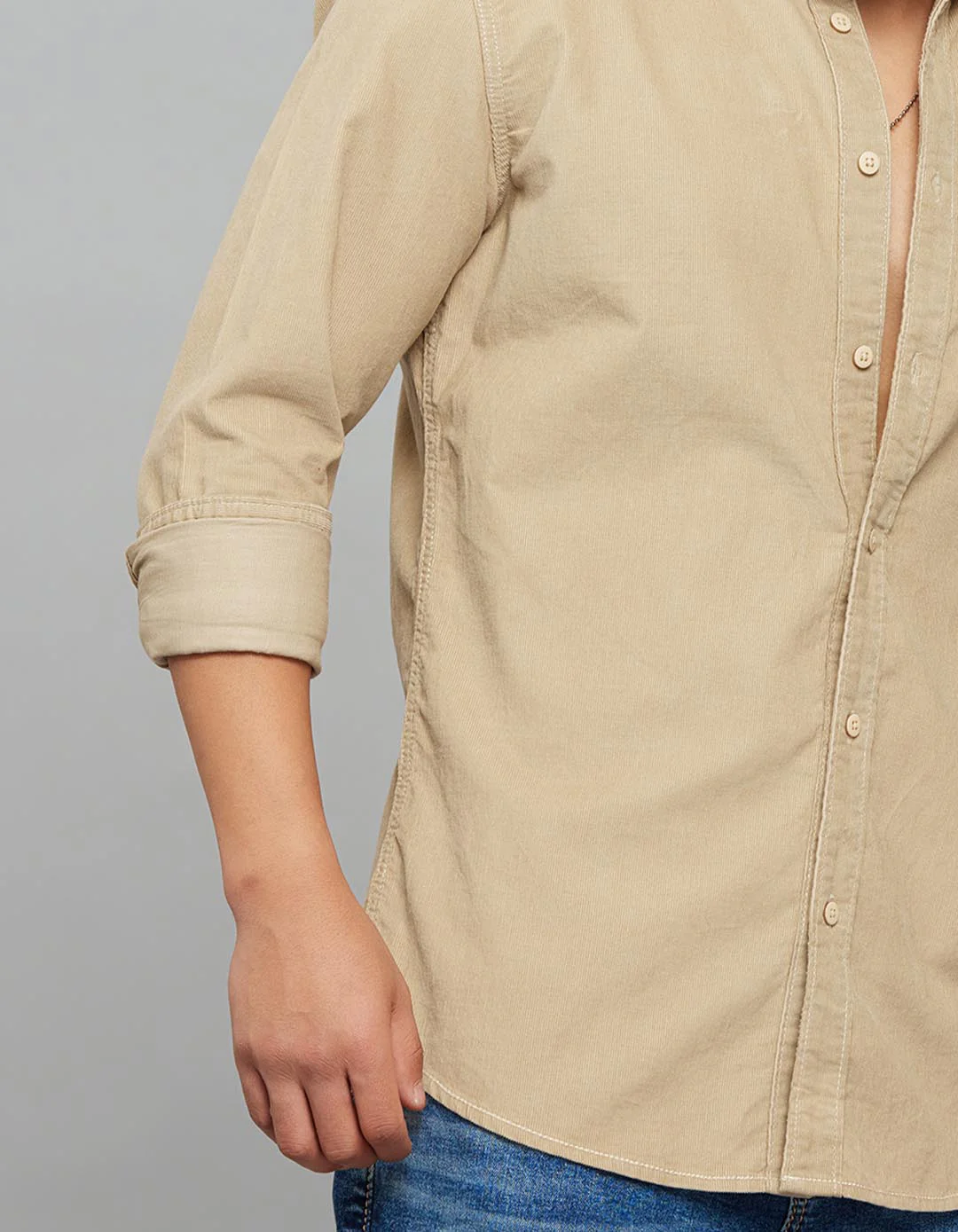 Light Khaki 100% Cotton Full Sleeves Corduroy Shirt - Image 5