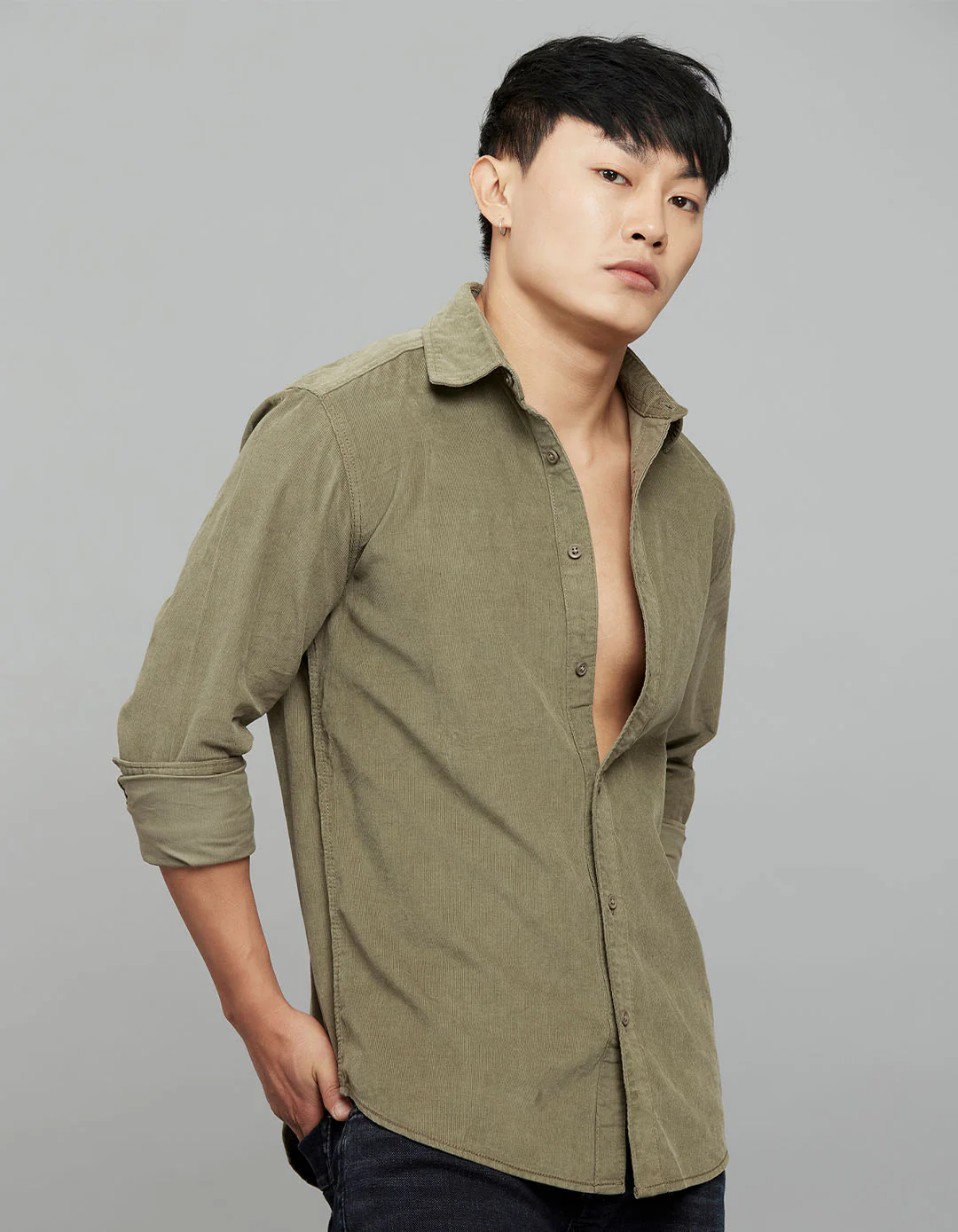 Light Moss 100% Cotton Full Sleeves Corduroy Shirt - Image 4