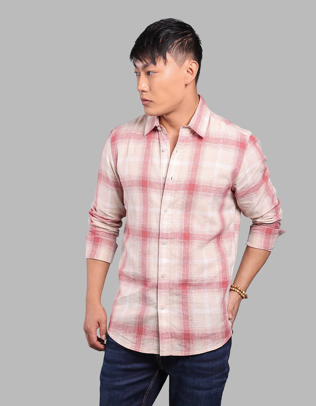Light Pink Full Sleeve Linen Blend Check Shirt
