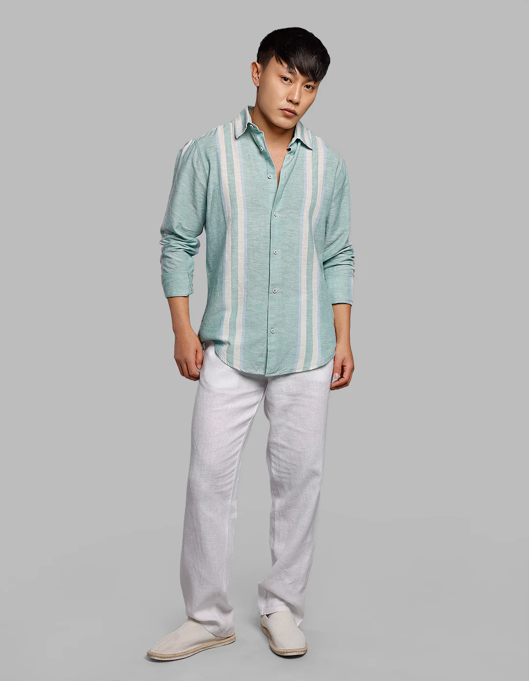 Light Pista Full Sleeves Linen Blend Stripe Shirt - Image 2