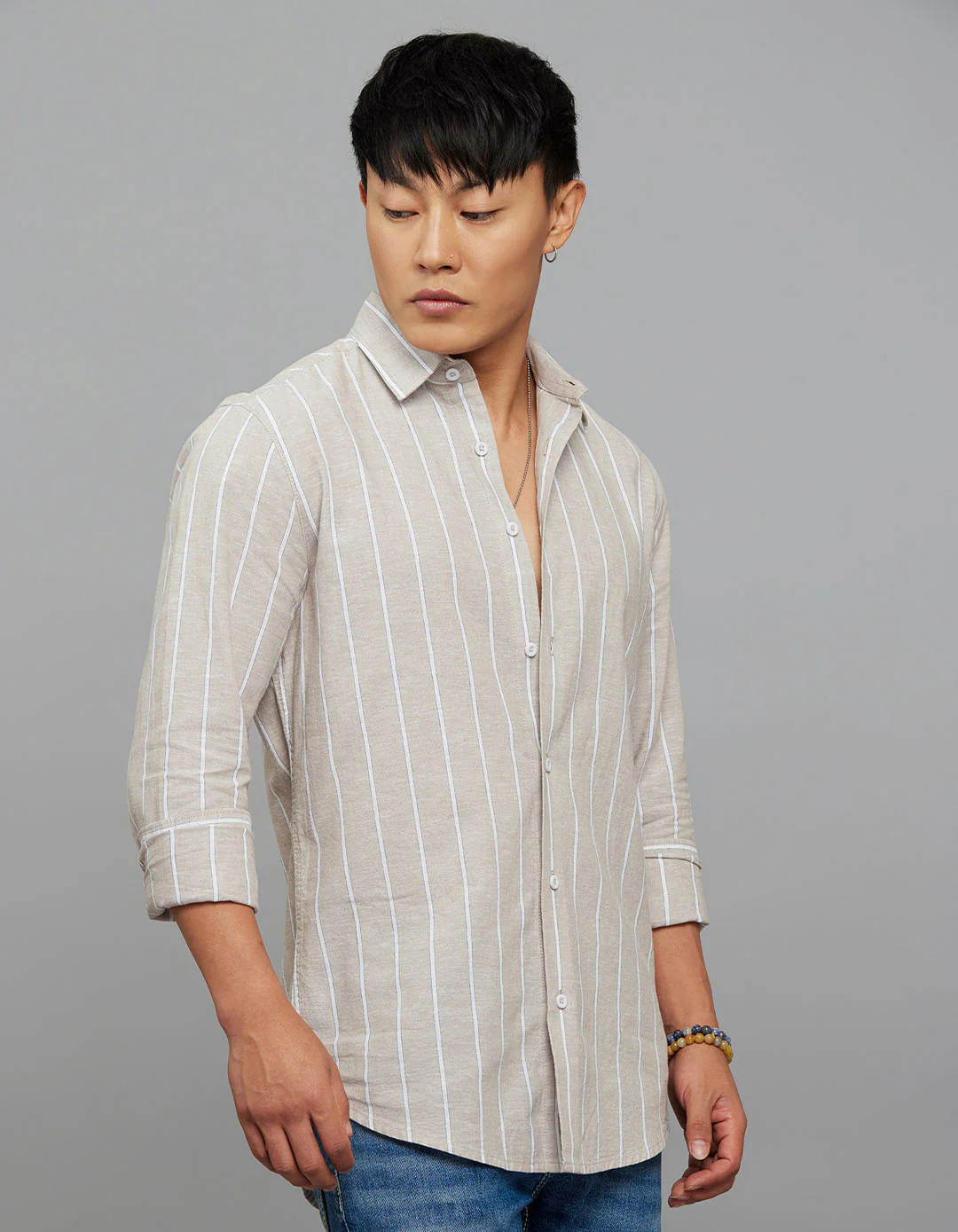 Light Sand Full Sleeves Linen Blend Stripe Shirt - Image 4