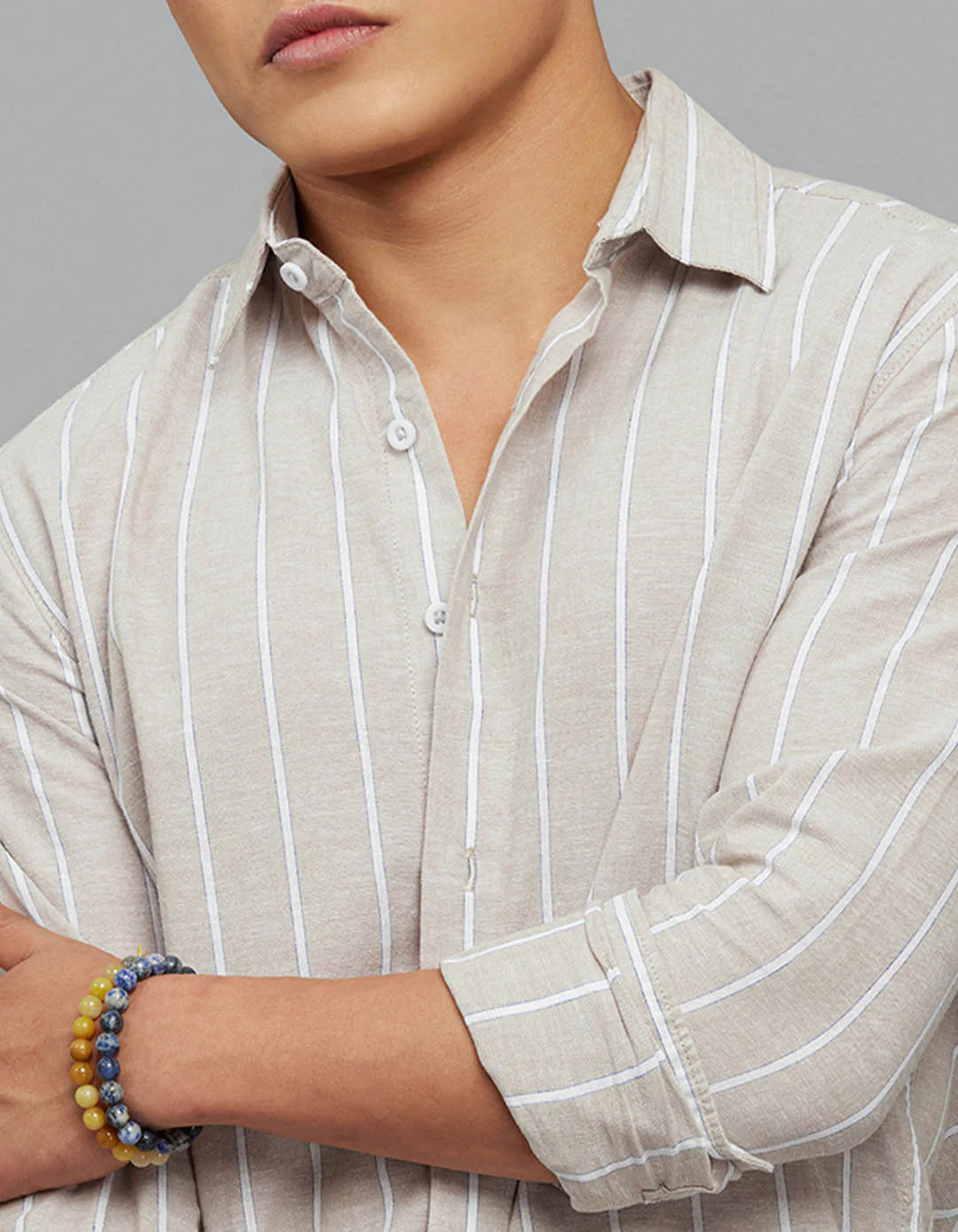 Light Sand Full Sleeves Linen Blend Stripe Shirt - Image 5