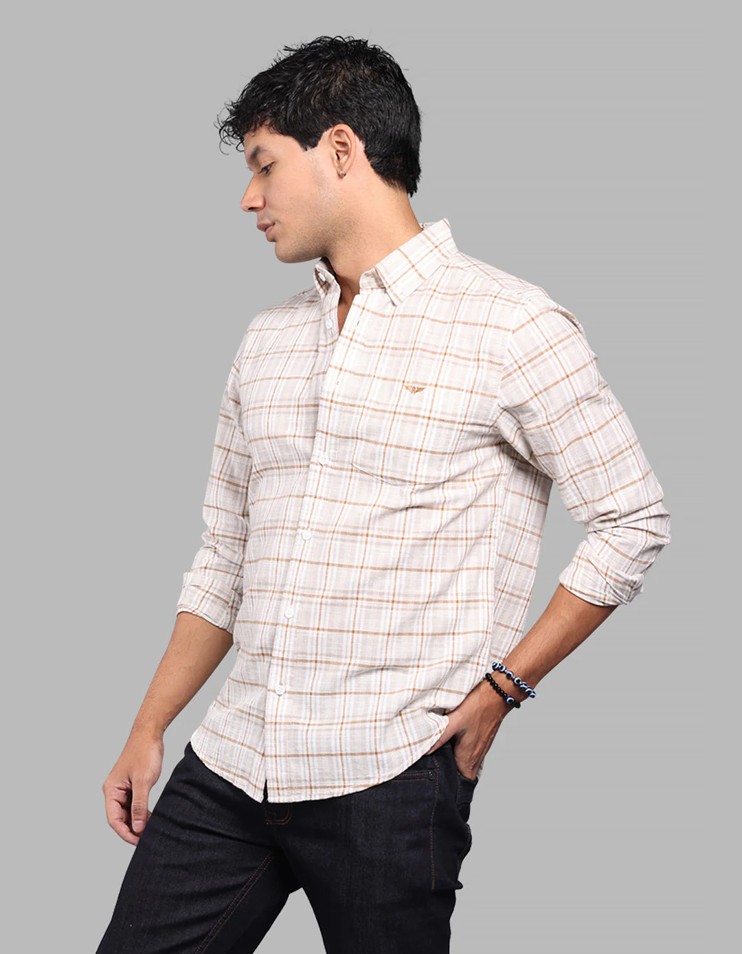Light Beige Full Sleeve Check Shirt - Image 3