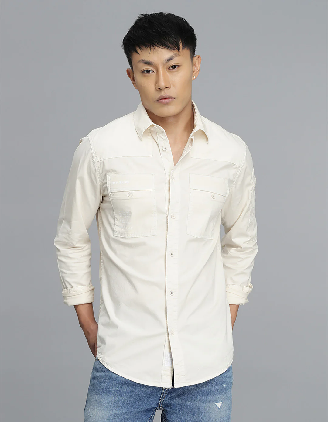 Light Beige Full Sleeves Cargo Shirt - Image 3