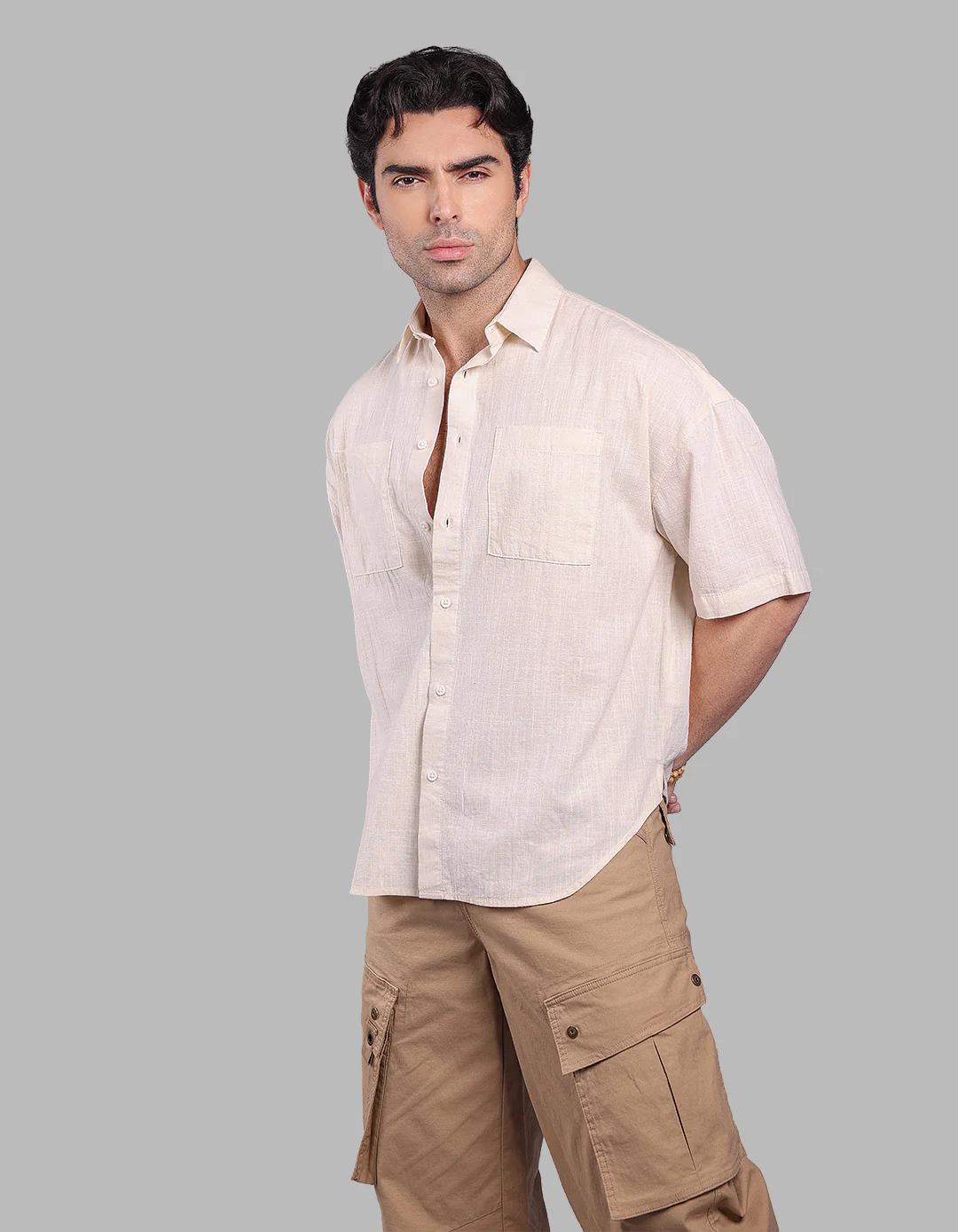 Light Beige 100% Cotton Half Sleeve Oversized Solid Shirt - Image 4