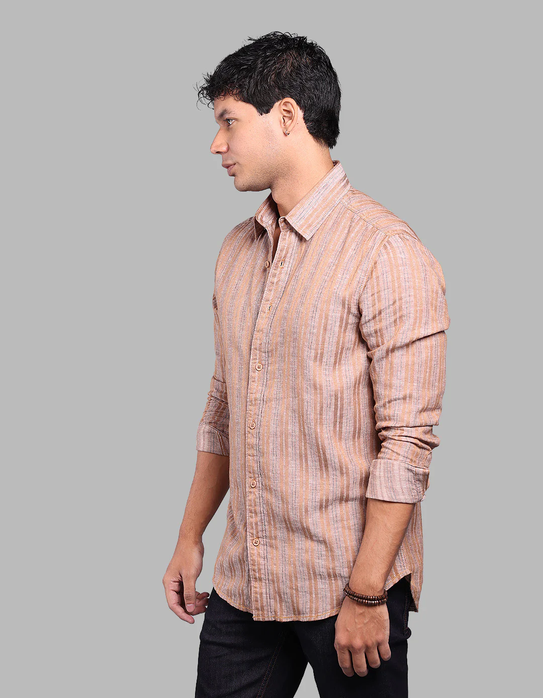 Light Brown Full Sleeve Linen Blend Stripe Shirt - Image 3