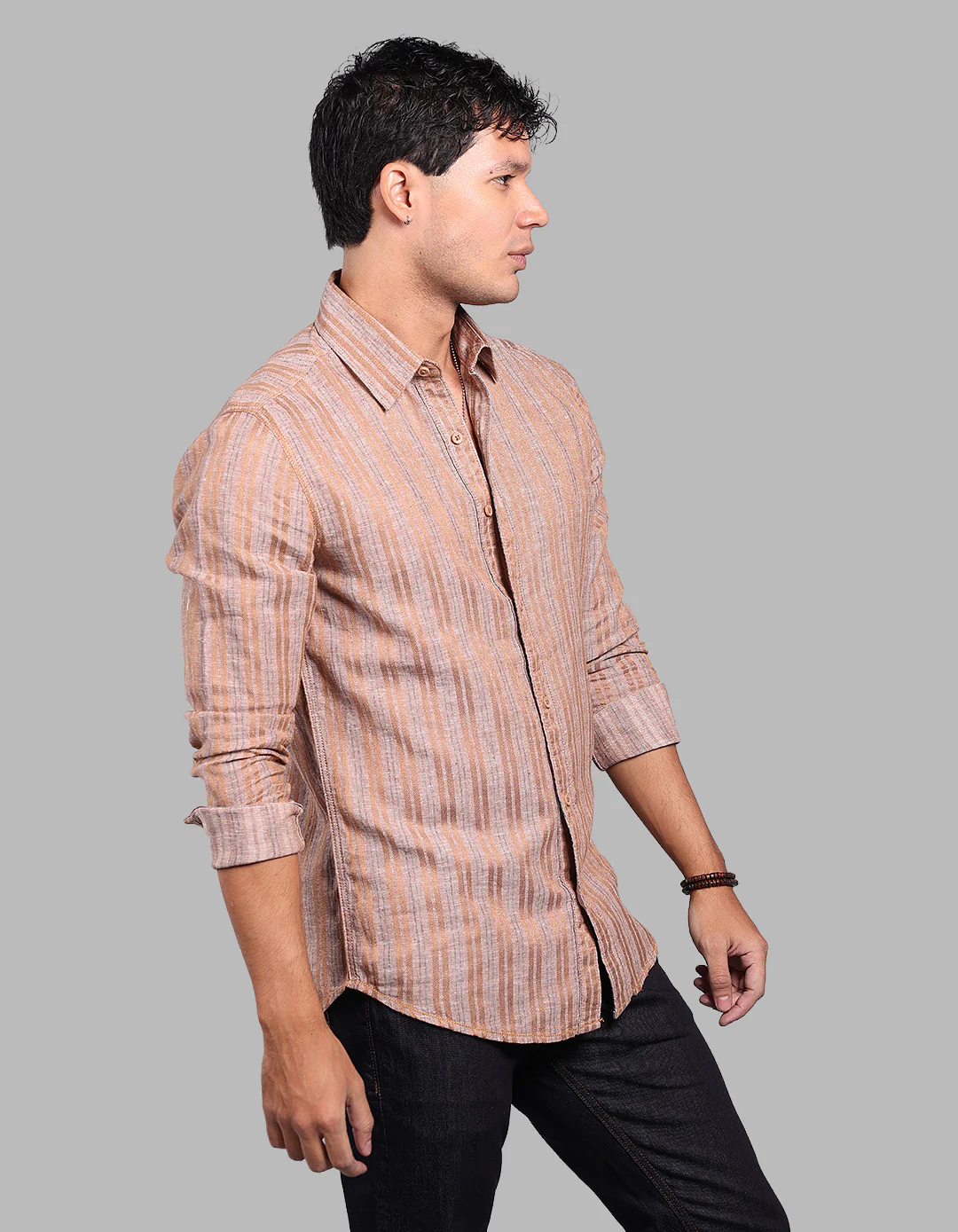 Light Brown Full Sleeve Linen Blend Stripe Shirt - Image 4