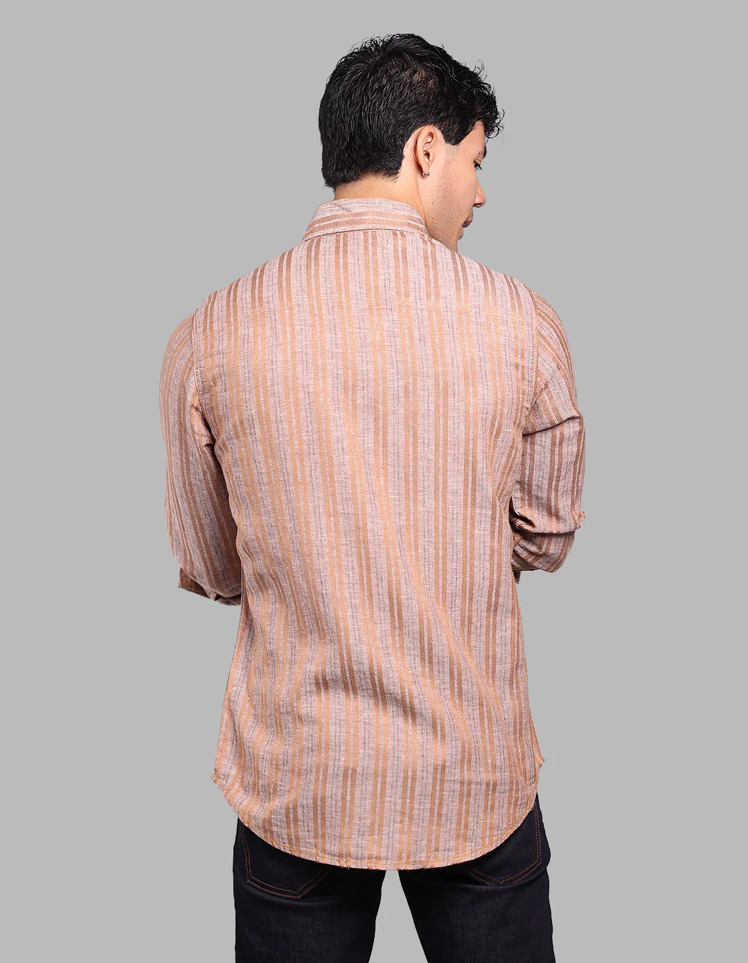 Light Brown Full Sleeve Linen Blend Stripe Shirt - Image 5