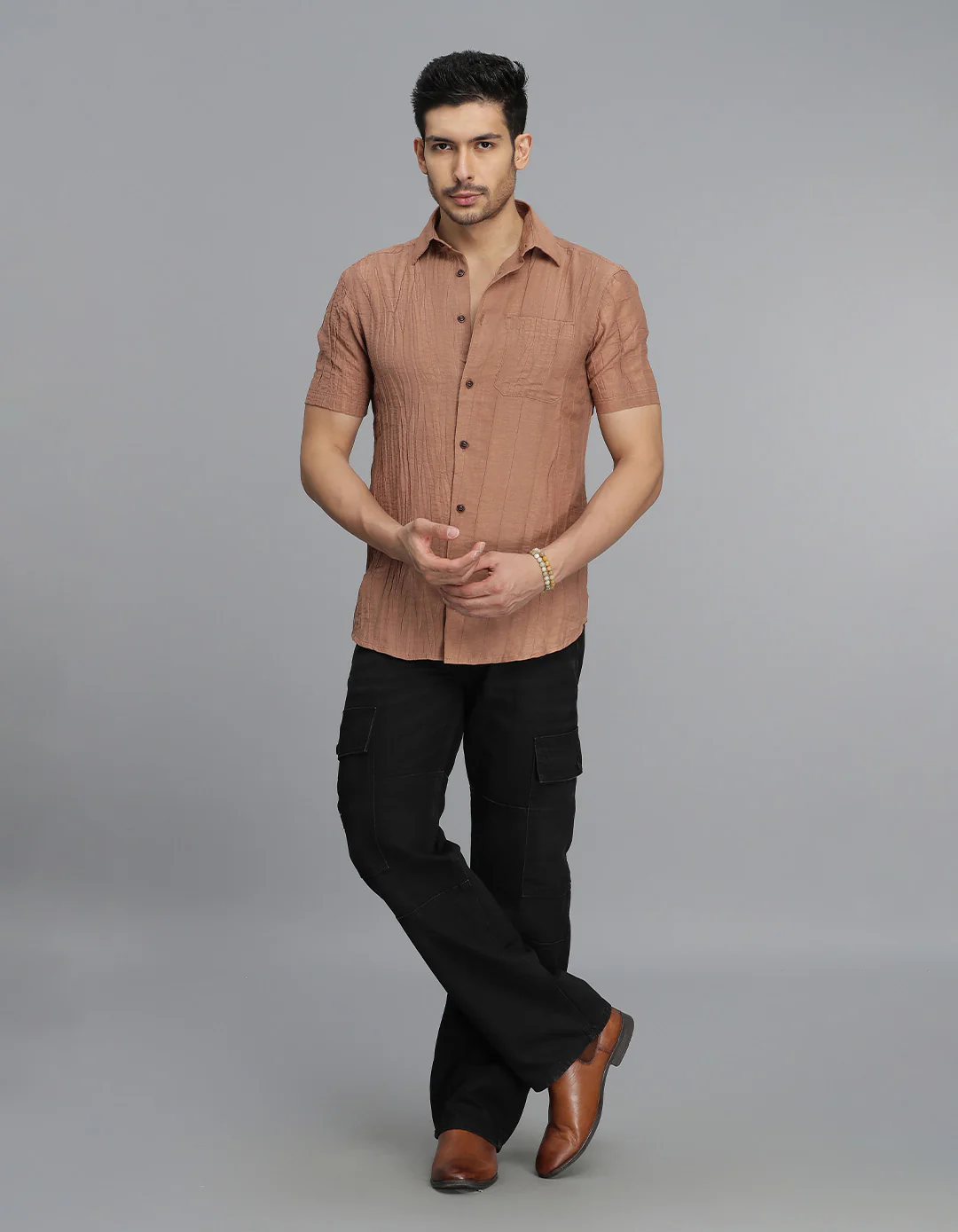 Light Brown Half Sleeves Textured Dobby Shirt - Image 2