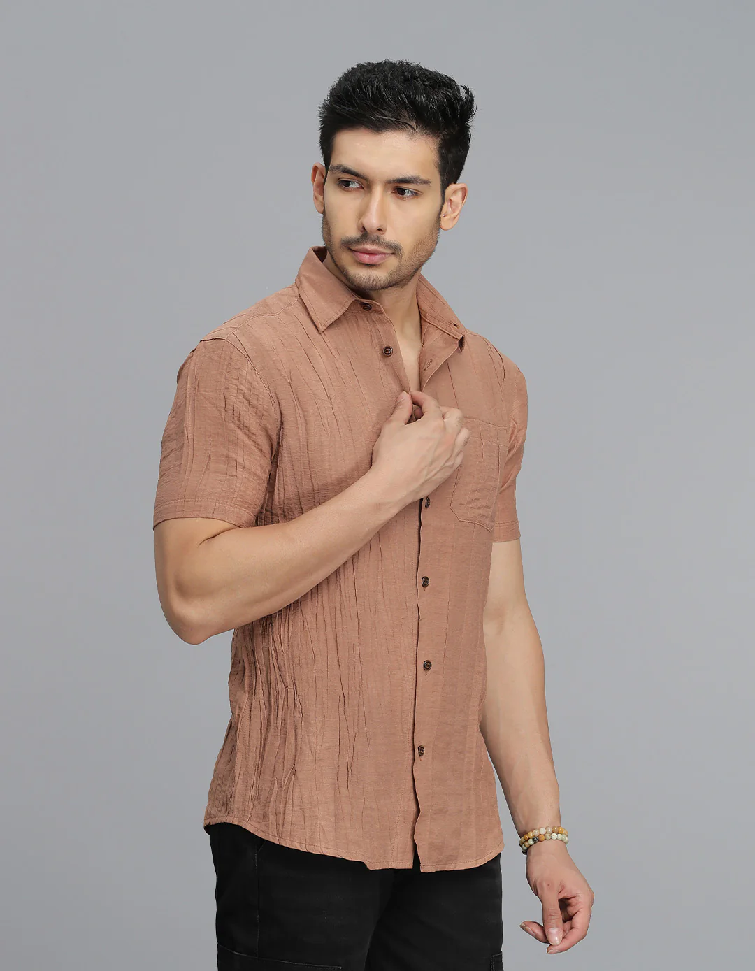 Light Brown Half Sleeves Textured Dobby Shirt - Image 3