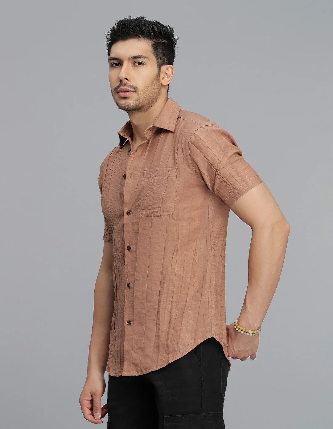 Light Brown Half Sleeves Textured Dobby Shirt - Image 4