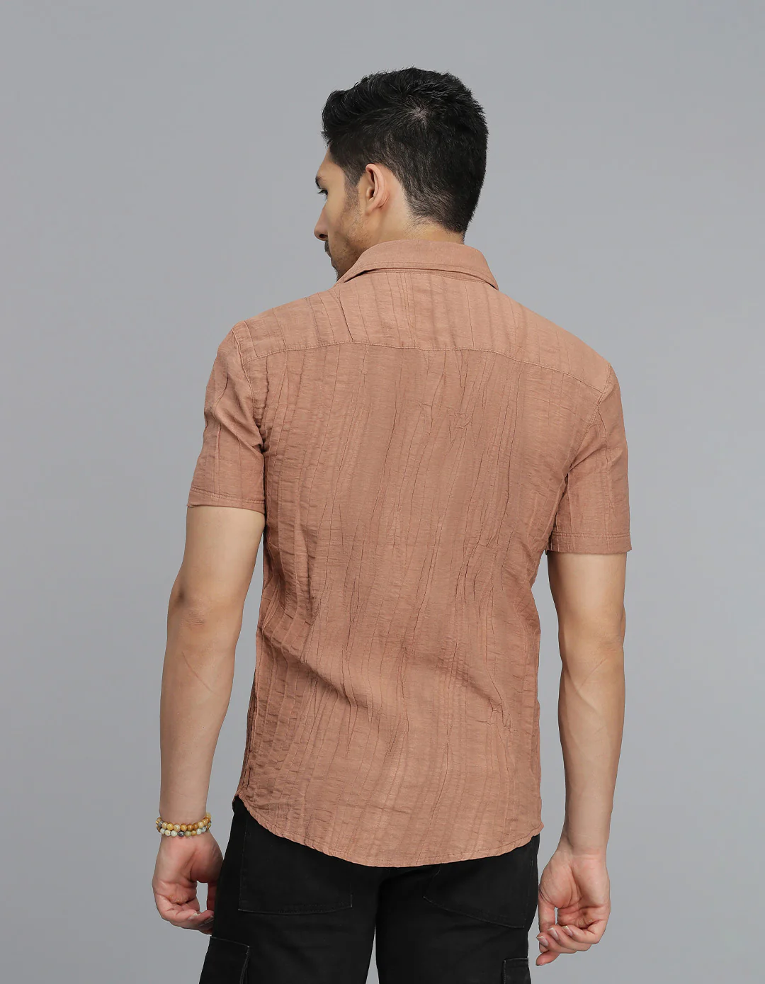 Light Brown Half Sleeves Textured Dobby Shirt - Image 5
