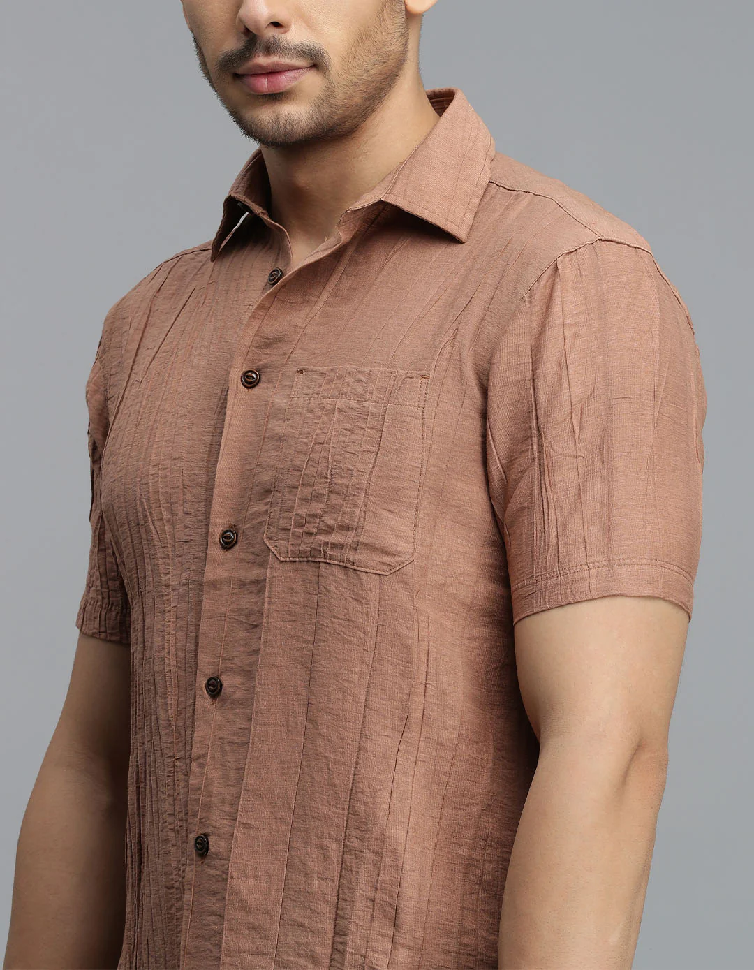 Light Brown Half Sleeves Textured Dobby Shirt - Image 6