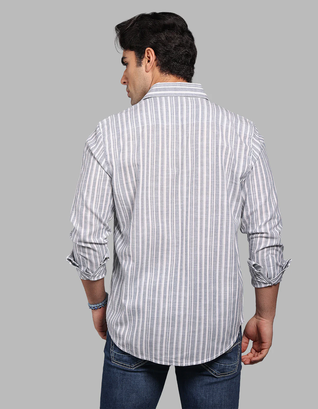 Light Grey Full Sleeve Linen Blend Stripe Shirt - Image 5