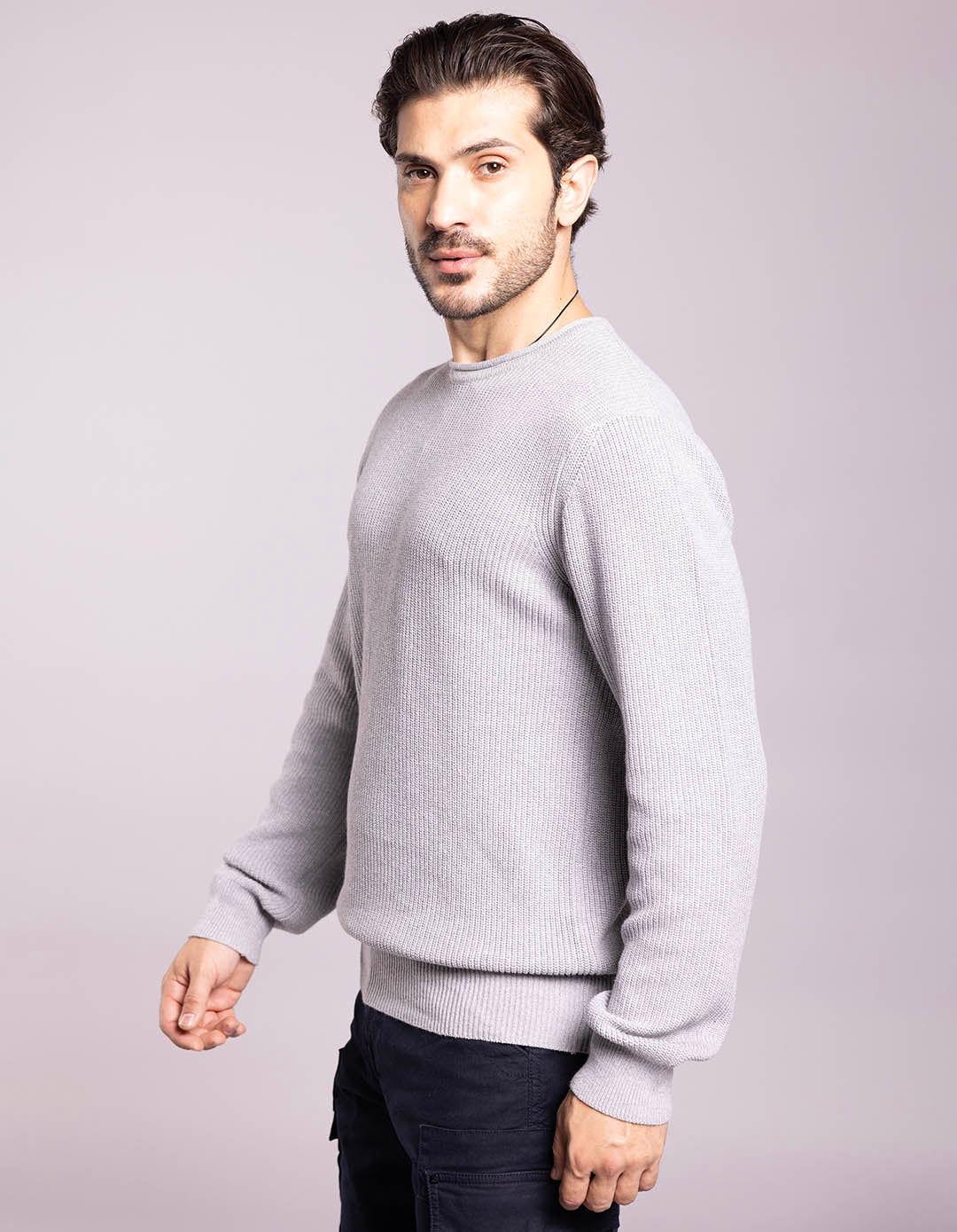 Light Grey Round Neck Pullover Sweater - Image 3
