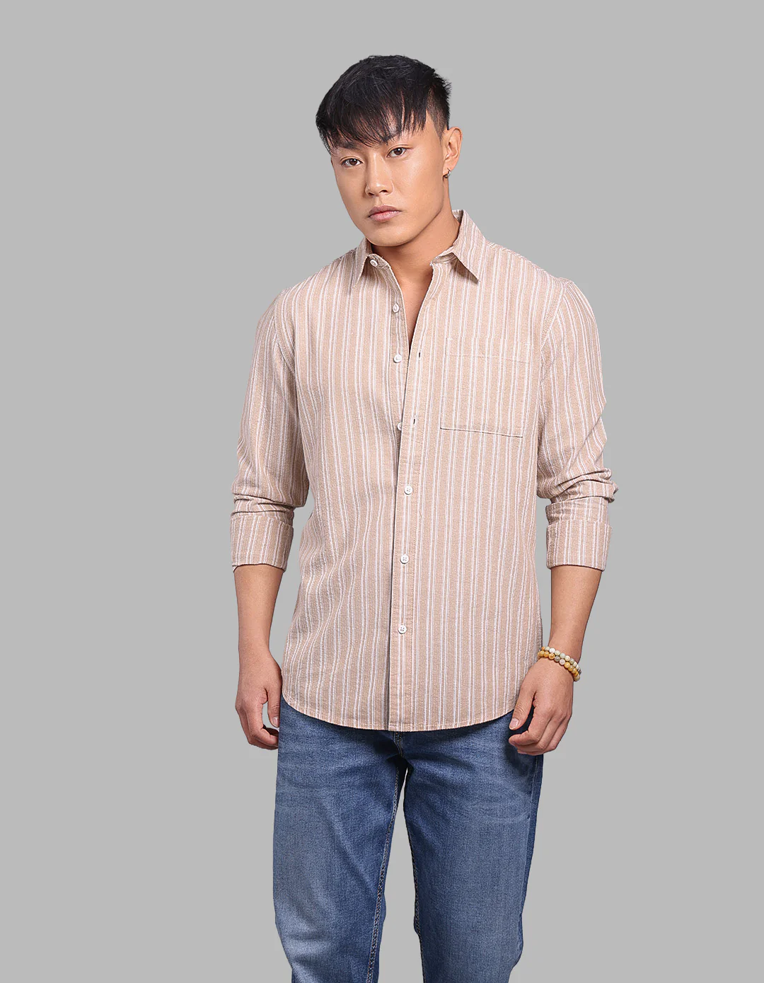 Light Khaki Full Sleeve Stripe Shirt