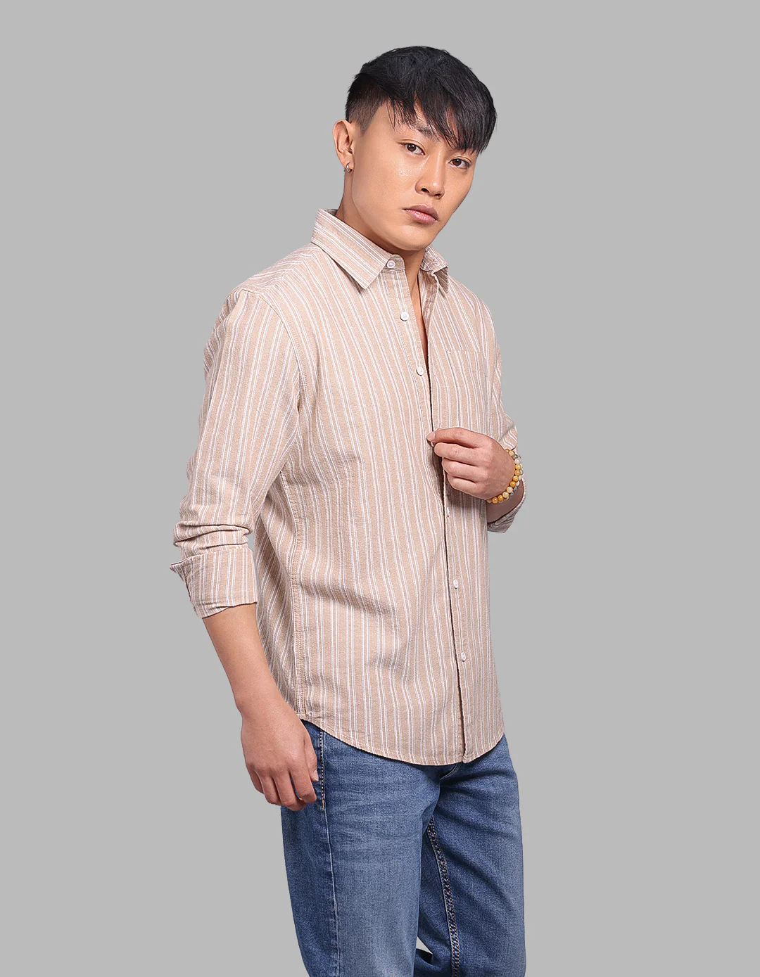 Light Khaki Full Sleeve Stripe Shirt - Image 4