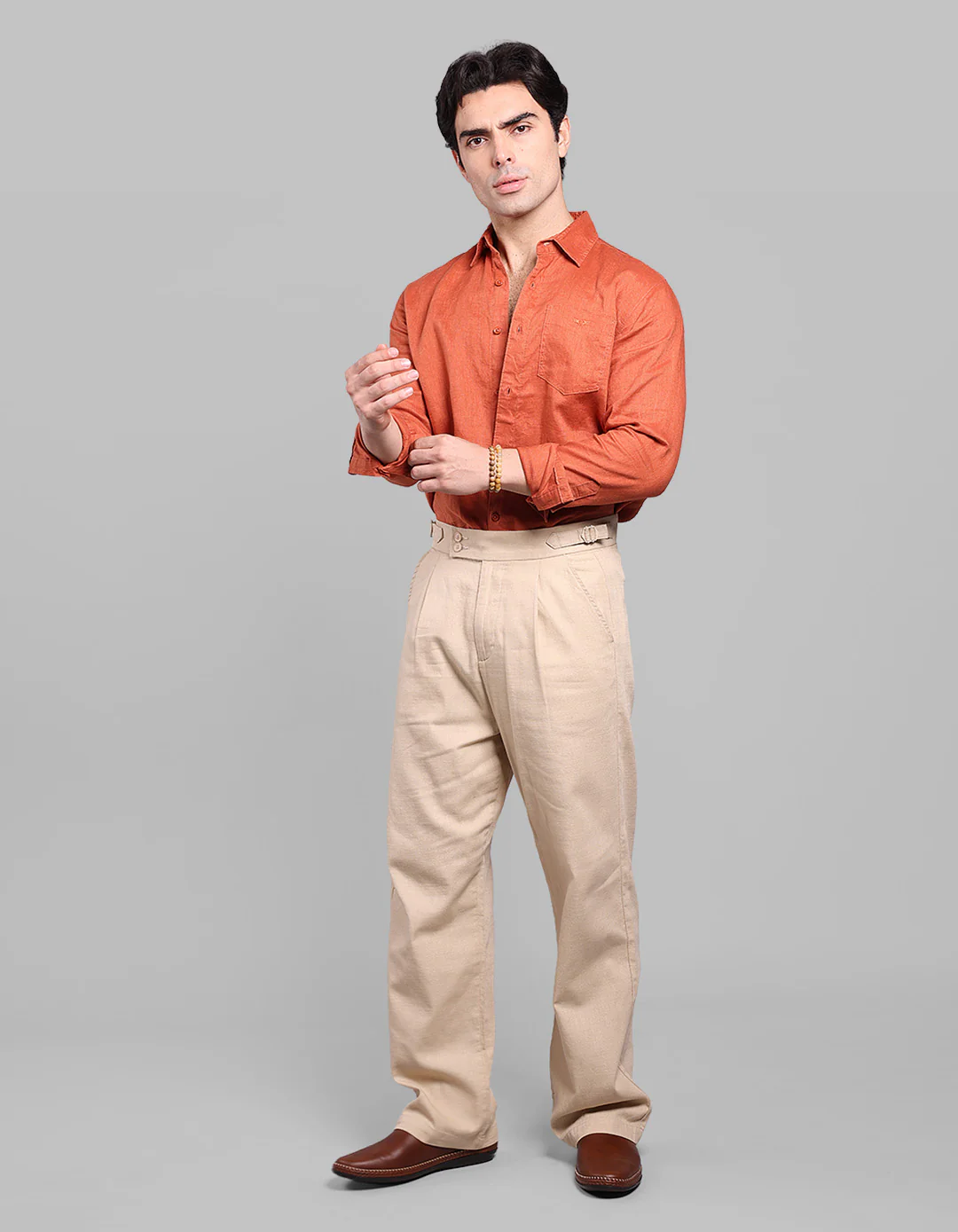 Light Khaki Pleated Korean Fit Cotton Pants - Image 2