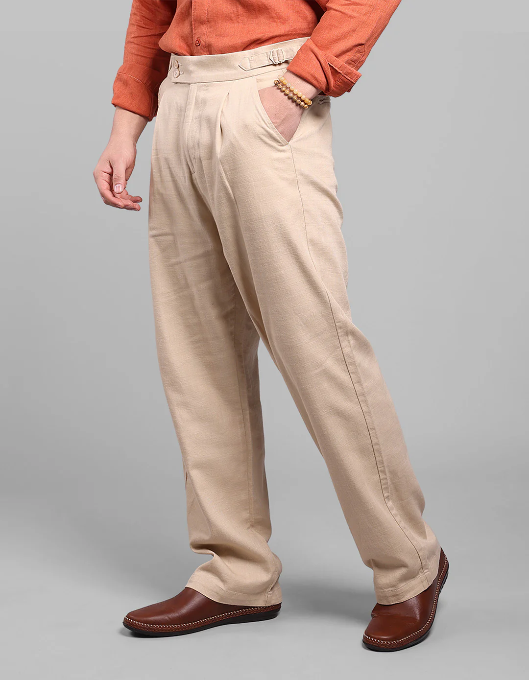 Light Khaki Pleated Korean Fit Cotton Pants - Image 3