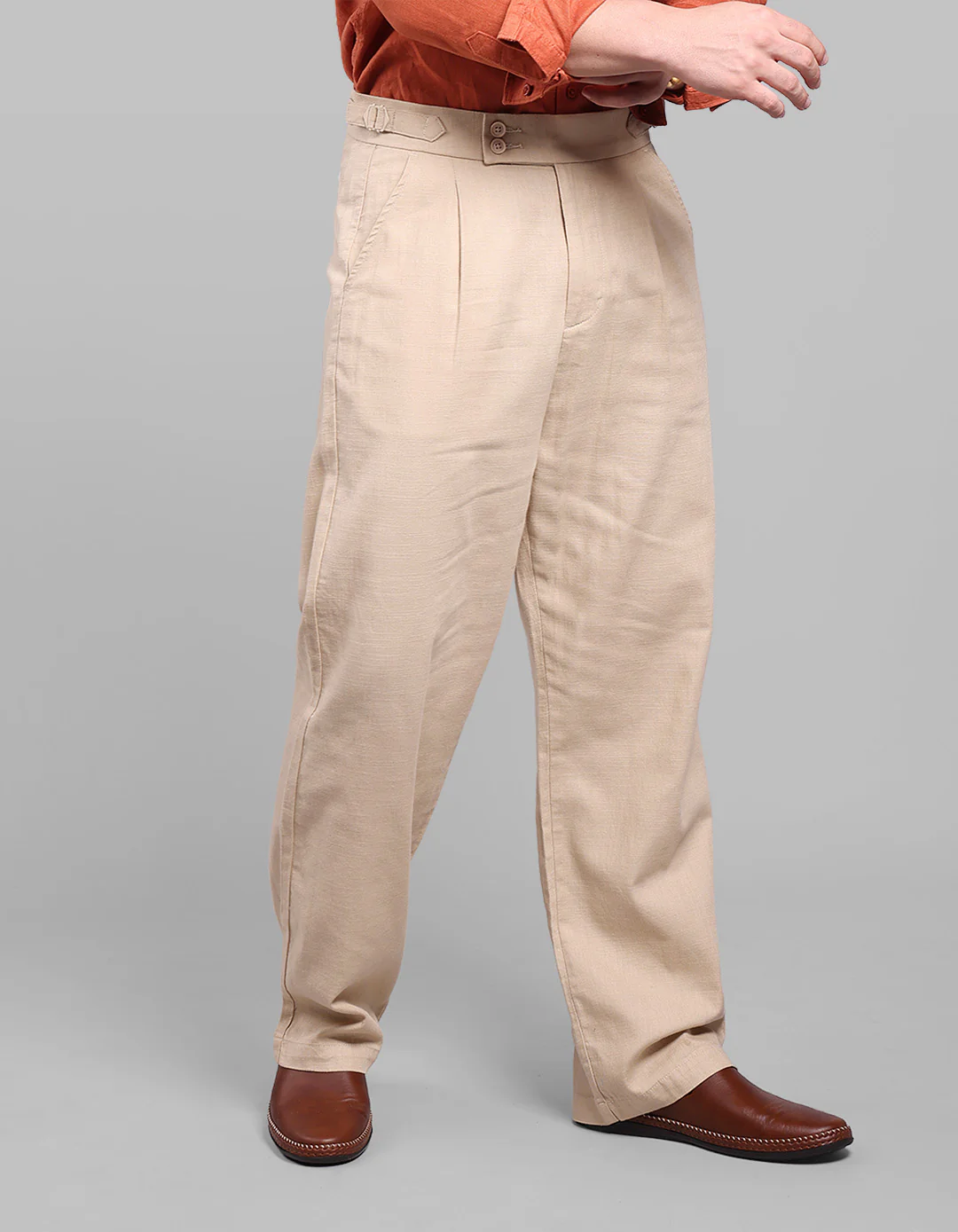 Light Khaki Pleated Korean Fit Cotton Pants - Image 5