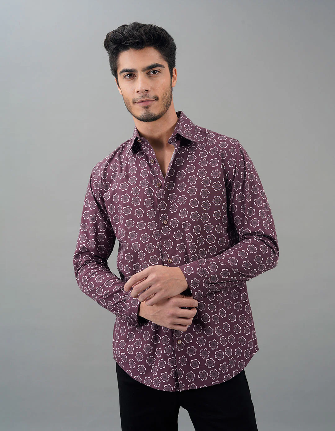 Light Maroon Full Sleeves Printed Shirt