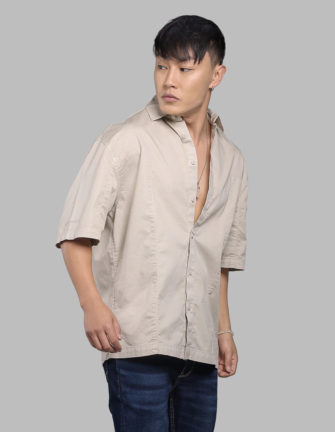 Light Moss Half Sleeve Oversized Stretch Cargo Shirt - Image 3