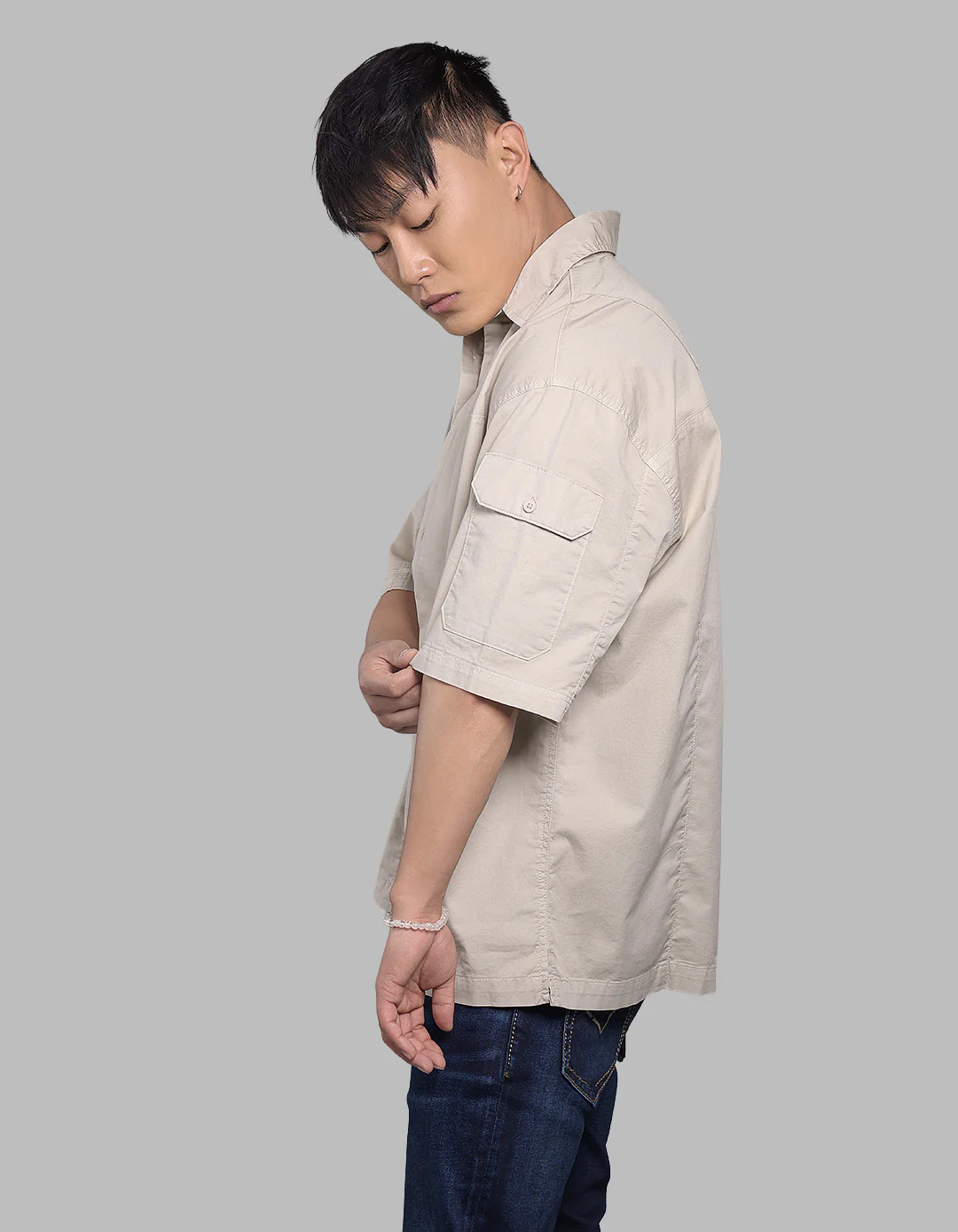 Light Moss Half Sleeve Oversized Stretch Cargo Shirt - Image 4