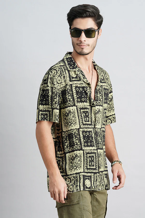 Light Olive Black Half Sleeve Printed Shirt - Image 3