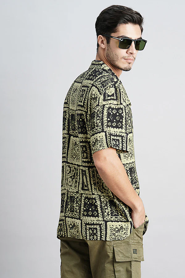 Light Olive Black Half Sleeve Printed Shirt - Image 4