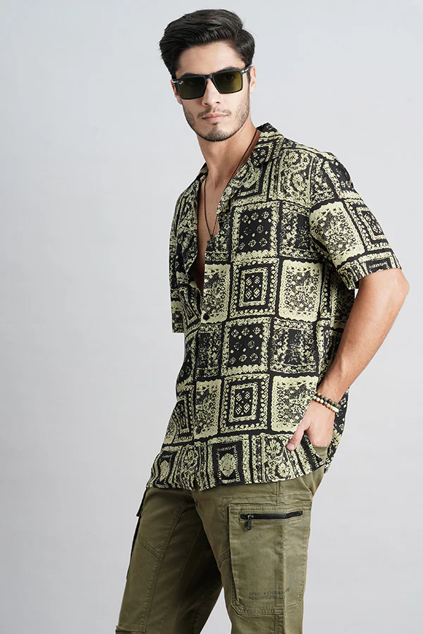 Light Olive Black Half Sleeve Printed Shirt - Image 5