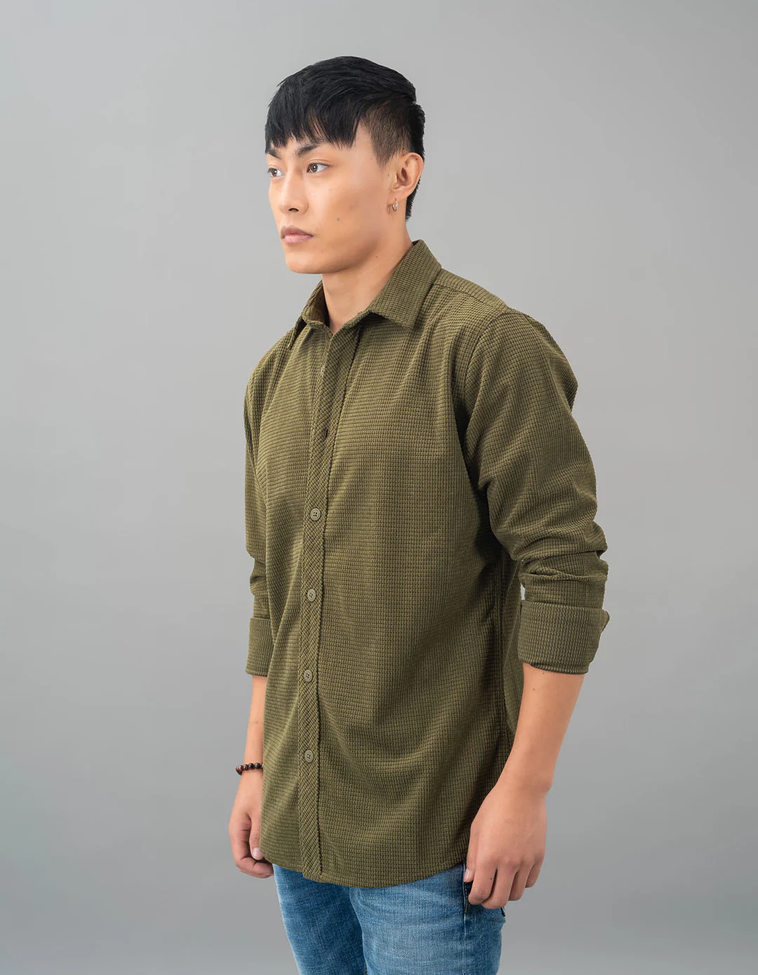 Light Olive Full Sleeve Textured Waffle Shacket - Image 3