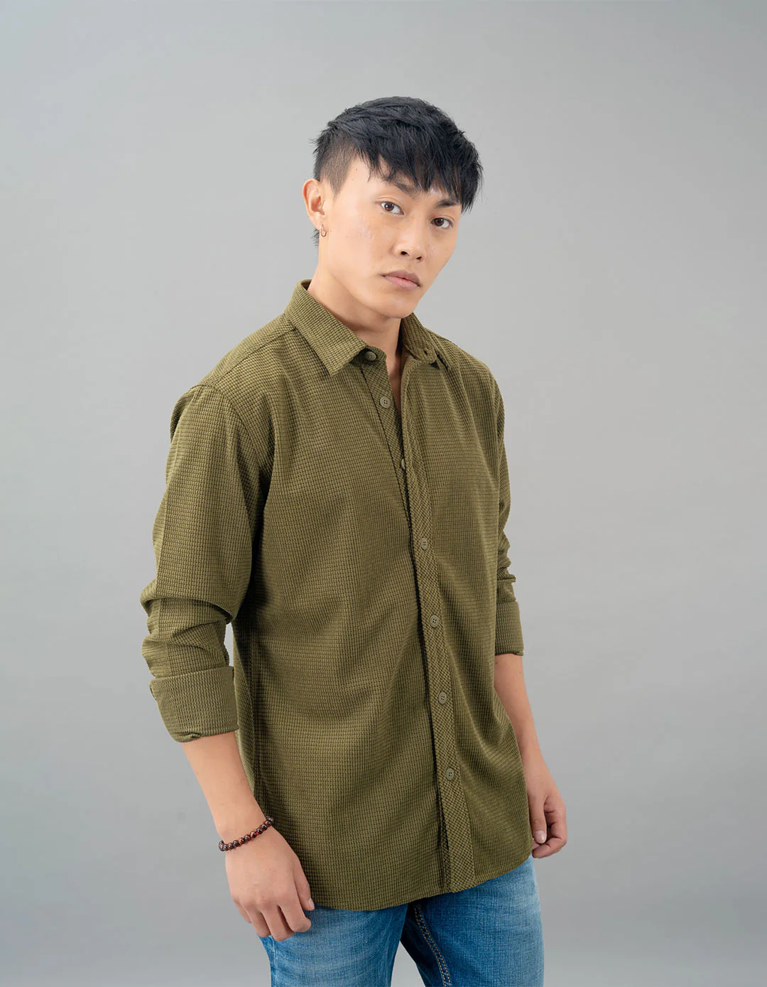Light Olive Full Sleeve Textured Waffle Shacket - Image 4