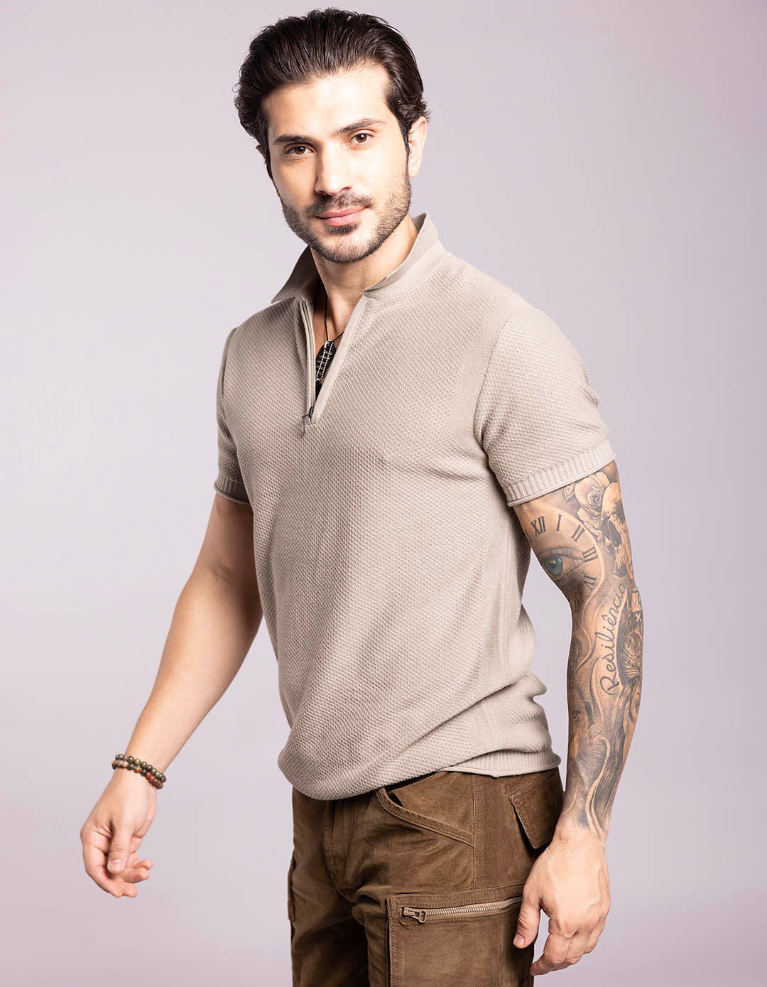 Light Olive Half Sleeves Flatknit Polo Tee - Image 5