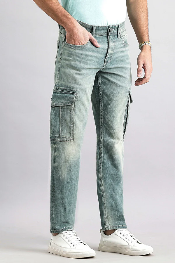 Light Petrol Regular Fit Denim Cargo Pant - Image 3