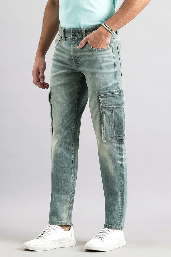 Light Petrol Regular Fit Denim Cargo Pant - Image 5