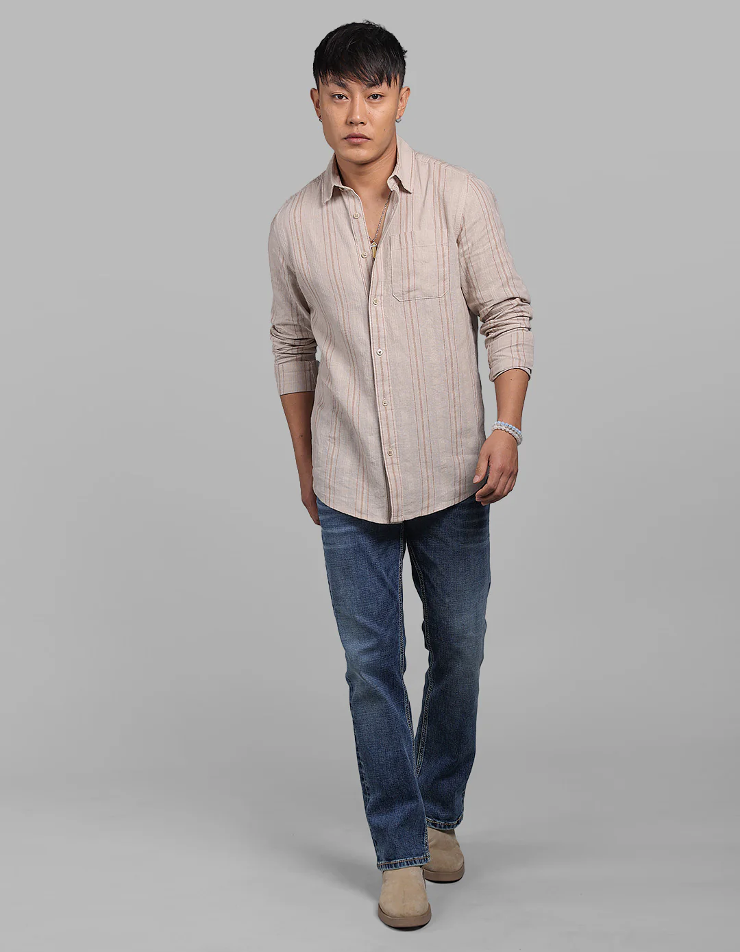 Light Sand Full Sleeve Linen Blend Stripe Shirt - Image 2