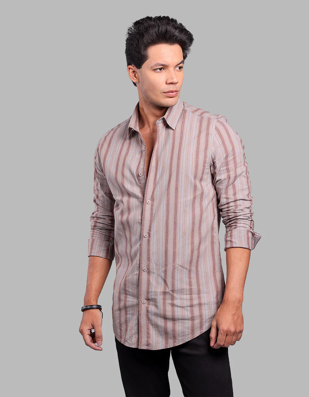 Maroon Grey Full Sleeve Linen Blend Stripe Shirt - Image 3