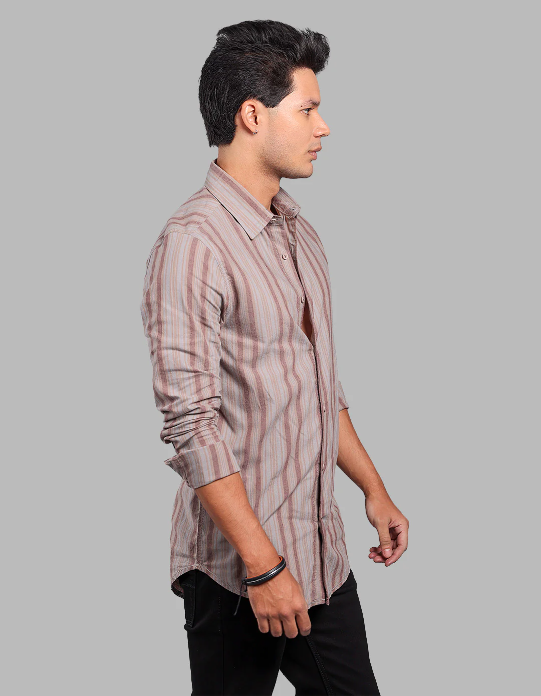 Maroon Grey Full Sleeve Linen Blend Stripe Shirt - Image 4