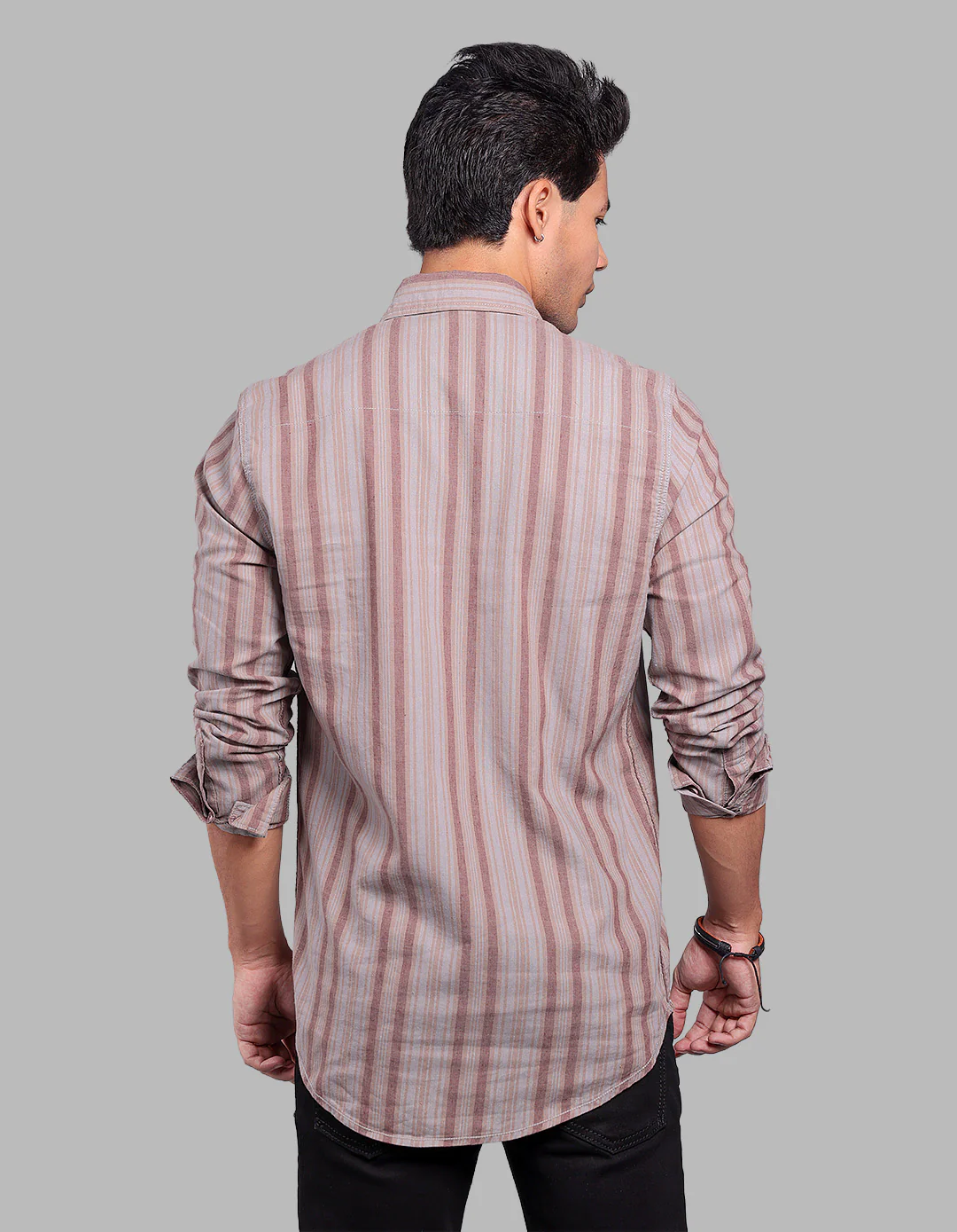 Maroon Grey Full Sleeve Linen Blend Stripe Shirt - Image 5