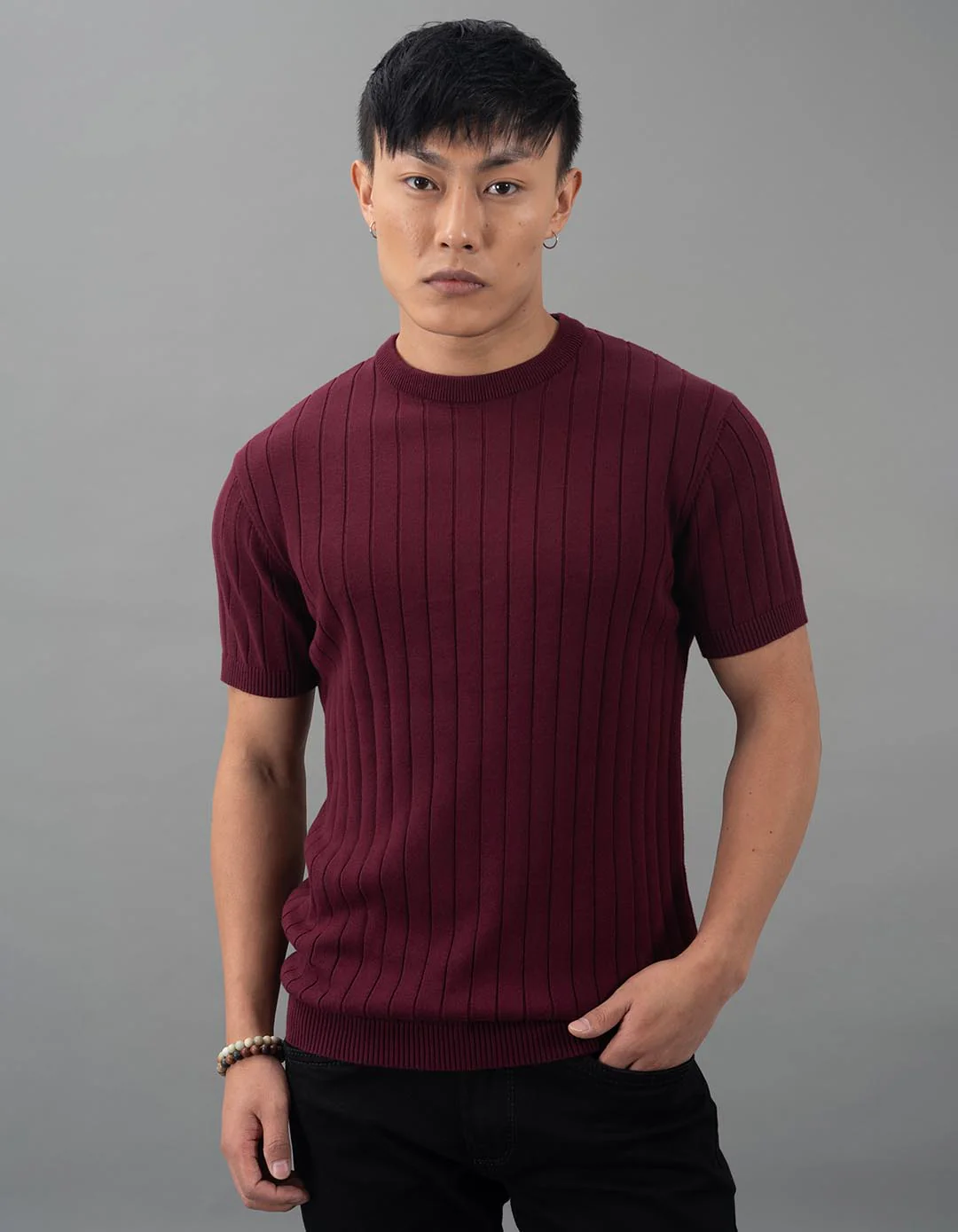 Maroon Round Neck Flatknit Tee
