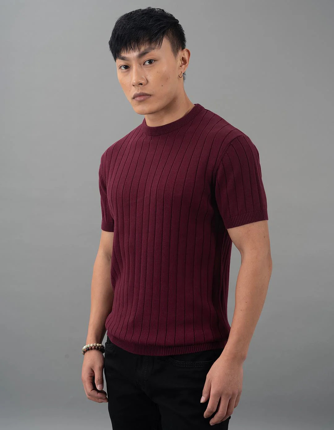 Maroon Round Neck Flatknit Tee - Image 2