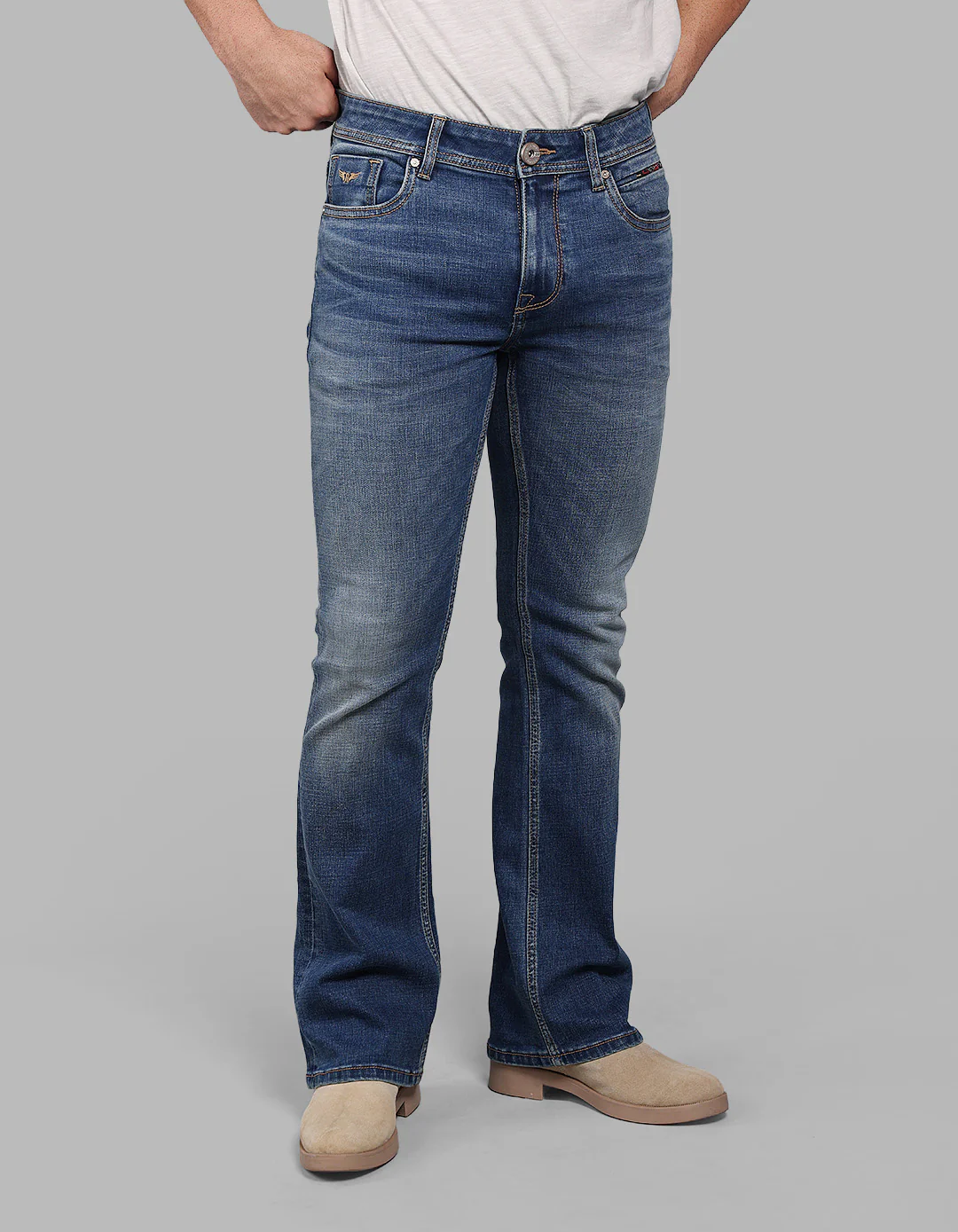 Med Blue Mid Rise Cropped Length Loose Boot Leg Stretch Jeans - Image 3