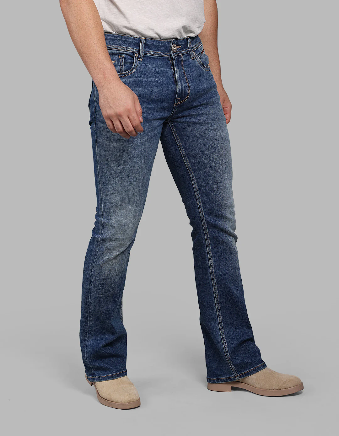 Med Blue Mid Rise Cropped Length Loose Boot Leg Stretch Jeans - Image 4